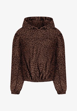 Brun hættejakke med mørkt leopardmønster, elastiske manchetter og taljebånd, løs pasform, afslappet stil.