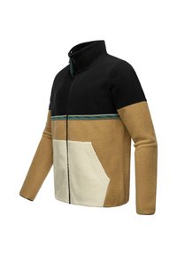 Fleecejakke med lynlås, i sort, beige og creme farver, en bryststribe med turkise detaljer og en forlommes.