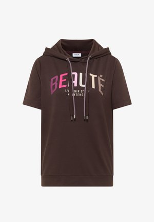 Bruine hoodie met korte mouwen, voorzien van meerkleurige tekst "BEAUTÉ" en een Frans citaat eronder, met aantrekkoorden en een voorzak.