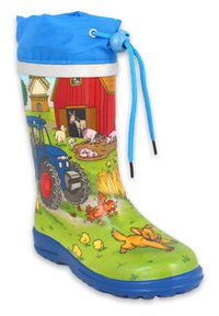 Groene rubberen laars met een blauwe bovenkant. Bevat een grafiek van boerderijdieren en een tractor, een gestructureerde zool en een trekkoordsluiting met een blauwe toggle.