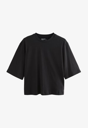 Tricou negru cu mâneci scurte și gât rotund, cu mâneci largi și croială lejeră, prezentat pe un fundal alb.