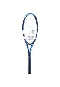 Tennisketsjer med en blå og hvid plastramme, oval hoved, sort greb og hvidt stryge mønster. Letvægtsdesign for bedre manøvredygtighed.