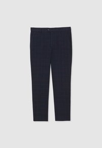 Pantalons à carreaux navy en tissu lisse, avec une coupe plate, des passants de ceinture, des poches diagonales et des jambes fuselées. Design classique avec un motif à carreaux subtil.