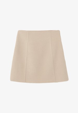 Falda de lana beige con silueta acampanada y costuras verticales. Textura suave y diseño minimalista, adecuada para diversas ocasiones informales.