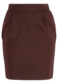 Falda ajustada marrón hecha de tela suave, con pliegues delanteros y cinturilla, con corte hasta la rodilla y sin herrajes visibles.