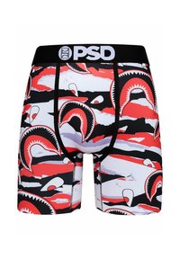 Fekete és fehér boxer alsónadrág vörös cápafog grafikai mintával, fekete derékpánttal, melyen a "PSD" logó található, sima anyagból készült és testhezálló fazonú.