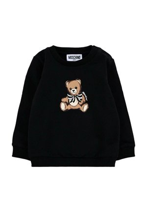 Zwart sweatshirt gemaakt van zachte stof met ribgebreide manchetten en halslijn. Heeft een berenprint met een strikje aan de voorkant. Merkembleem bij de hals.
