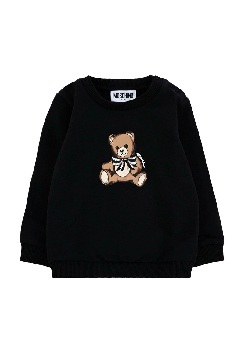 Felpa nera realizzata in tessuto morbido con polsini e scollatura a costine. Presenta una stampa di un orso con un papillon sul davanti. Etichetta del brand sul colletto.