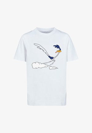 Weißes Baumwoll-T-Shirt mit einem blauen und gelben Cartoon-Vogeldesign im Flug und Wolken darunter, kurze Ärmel und runder Halsausschnitt.