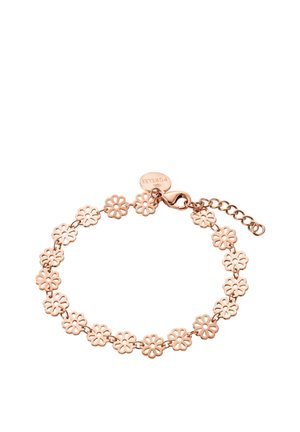 Rose gold bracelet with linked flower-shaped charms and a lobster clasp with an adjustable chain and a small oval tag.