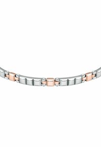Bracciale in metallo con anelli alternati in argento e oro rosa; superfici lisce con un mix di dettagli allungati e a forma quadrata.