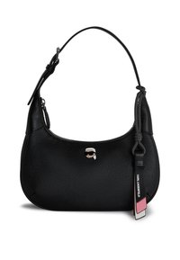 Schwarze Ledertasche mit strukturiertem Finish, geschwungener Form, oberem Reißverschluss und einem dekorativen Logoanhänger mit einem Charakterdesign.