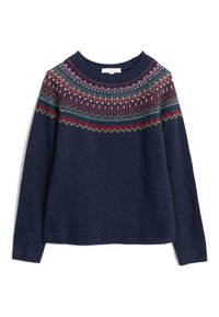 Pull en maille bleu marine avec un empiècement à motif en rouge, vert et blanc. Encolure ronde et manches longues, texture douce.