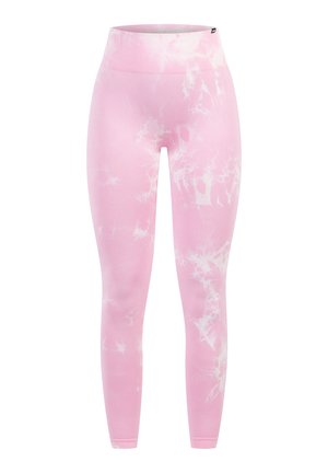 Roze tie-dye leggings gemaakt van stretchy stof, met een hoge tailleband en een gladde textuur met witte gemarmerde patronen.