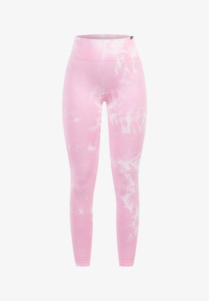 Leggings rose tie-dye en tissu extensible, avec une taille haute et une texture lisse ornée de motifs marbrés blancs.