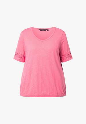 Roze V-hals top met korte mouwen, textuurrijke geweven details op de mouwen, losse pasvorm en elastische zoom.