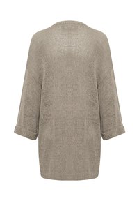 Leichter Strickpullover in Beige, mit lockerer Passform, überschnittenen Schultern und 3/4-langen Ärmeln mit aufgerolltem Bund.