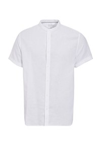 Camicia bianca a maniche corte con colletto alto, realizzata in una leggera miscela di lino e cotone. Presenta una chiusura con bottoni nella parte anteriore.