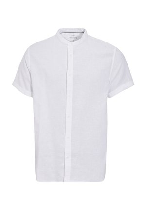 Camisa blanca de manga corta con cuello de pie, confeccionada en una mezcla ligera de lino y algodón. Cuenta con una lista de botones en la parte delantera.