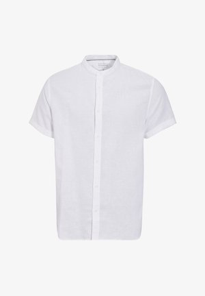 Witte kortärmelige shirt met een staande kraag, gemaakt van een lichte linnen-katoenmix. Beschikt over een knoopsluiting aan de voorkant.