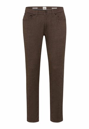 Braune Hosen aus strukturiertem Stoff, mit schlankem Schnitt, Fünf-Taschen-Design und kontrastierenden Nähten entlang der Säume.