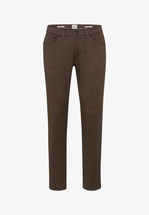 Bruine broek van gestructureerde stof, met een slim fit, vijf-pocket ontwerp en contrasterende stiksels langs de naden.