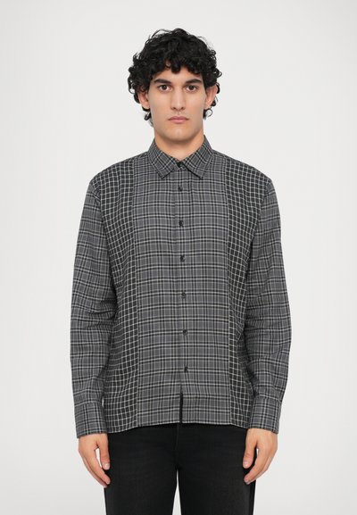 Long-sleeve shirt in black and gray check pattern; cotton blend fabric; classic collar; button-front closure; rounded hem.