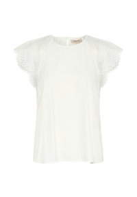 Top bianco con dettagli in pizzo sulle maniche corte, scollatura rotonda e chiusura a chiave sul retro. Tessuto morbido con una texture liscia.
