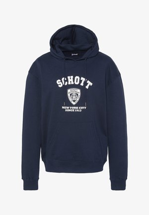 Dunkelblaue Kapuzenjacke mit einer Fronttasche, Kordelzugkapuze und weißem Aufdruck "SCHOTT DEPARTMENT NEW YORK CITY SINCE 1913" auf der Brust.