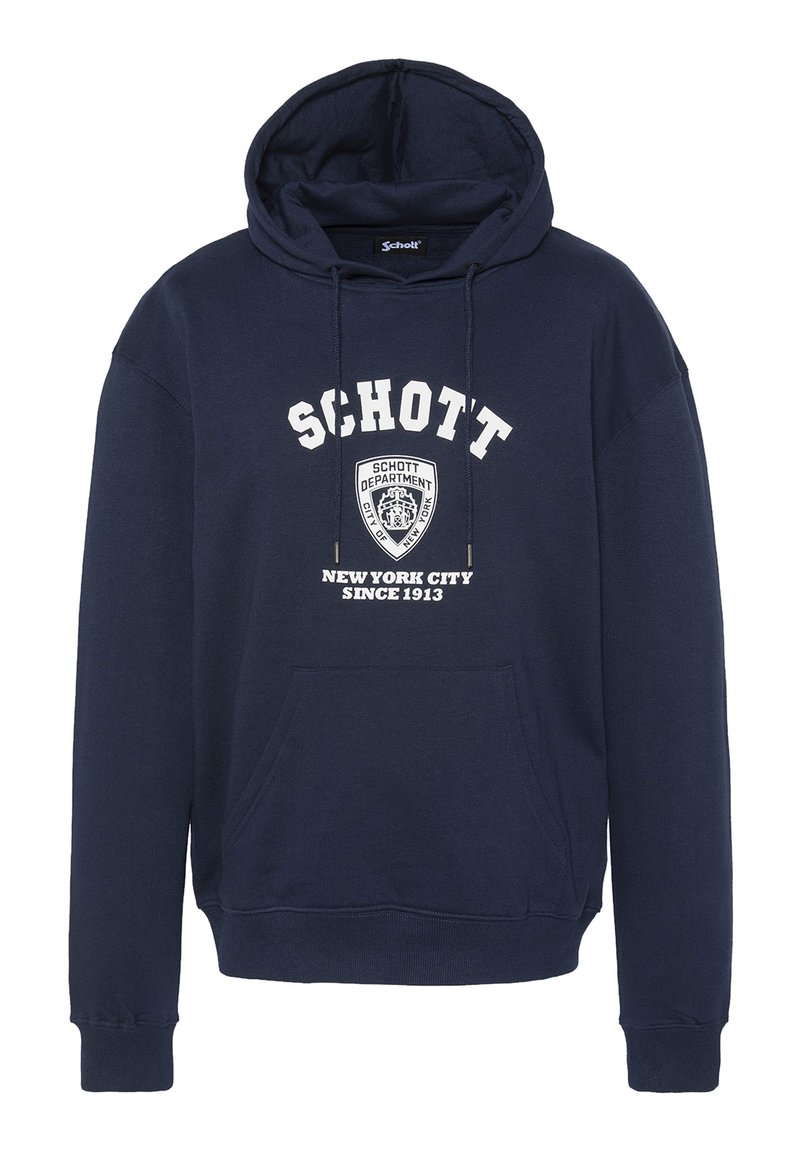 Sudadera azul marino con un bolsillo frontal, capucha con cordón y texto blanco "SCHOTT DEPARTMENT NEW YORK CITY SINCE 1913" en el pecho.