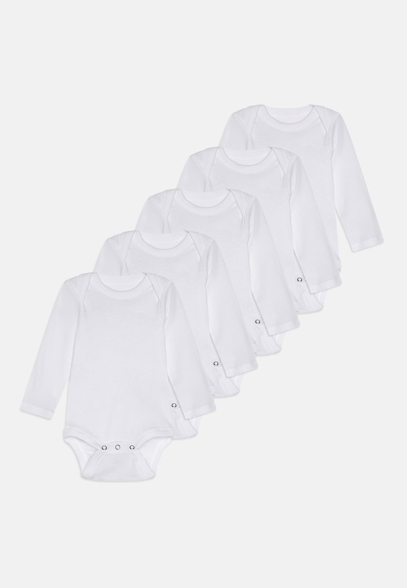 Langermede hvite baby bodyer laget av myk bomull, med trykknapper nederst og rund halslinning. Sett med fem.