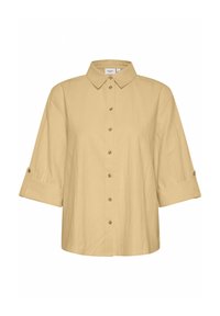Beige button-up shirt with a collar, featuring three-quarter sleeves and roll-up cuffs. Made of textured fabric with brown buttons.