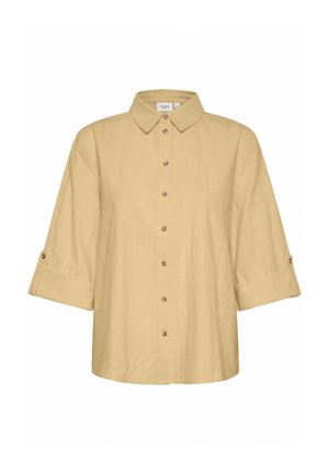 Beige button-up shirt with a collar, featuring three-quarter sleeves and roll-up cuffs. Made of textured fabric with brown buttons.