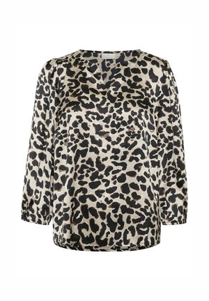 Blouse en imprimé léopard avec des couleurs noire et beige, des manches longues, un décolleté en V et une coupe décontractée avec une texture lisse.