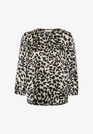 Bluzica z leopardjim vzorcem v črni in bež barvi, z dolgimi rokavi, V-izrezom in ohlapnim krojem ter gladko teksturo.