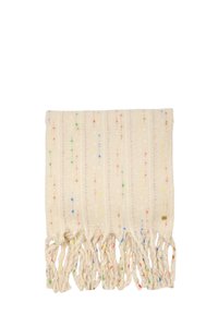 Sciarpa beige intrecciata con linee verticali screziate multicolori e frange torcite su entrambe le estremità, su sfondo bianco.