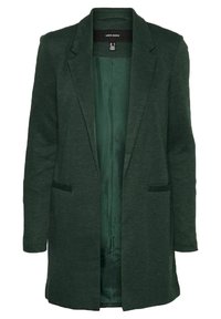 Mörkgrön, lång kappa gjord av texturerat tyg. Har två framfickor och en slät innerfoder. Klassisk krage och öppen frondesign.