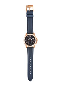 Montre Fossil en toc rose doré avec un cadran noir rond, des chiffres romains, des fonctionnalités chronographe et un bracelet en cuir bleu foncé avec des surpiqures blanches.