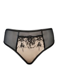 Schwarze transparente Spitzenunterhose mit floraler Stickerei auf dem nacktfarbenen Vorderteil und zarten Besatzkanten.