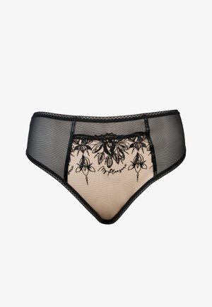 Black sheer lingerie panties with floral lace embroidery on nude front panel and delicate trim edges.