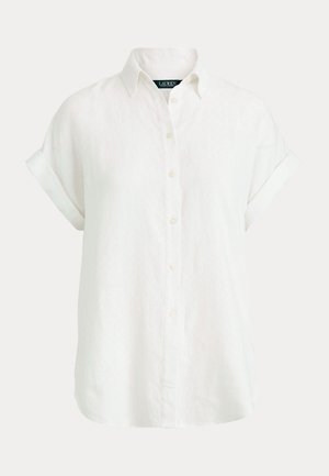 Biela krátky rukávová košeľa na gombíky vyrobená z ľanu. Má klasický golier, zdvihnuté rukávy a voľný strih pre lepšiu priedušnosť.