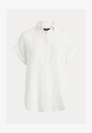 Cămașă albă cu mâneci scurte și nasturi, confecționată din in. Are guler clasic, mâneci suflecate și croială lejeră pentru o bună respirabilitate.