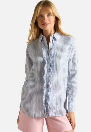 Blue and white striped button-up shirt with ruffled placket and cuffs, made of lightweight fabric, paired with pink shorts.