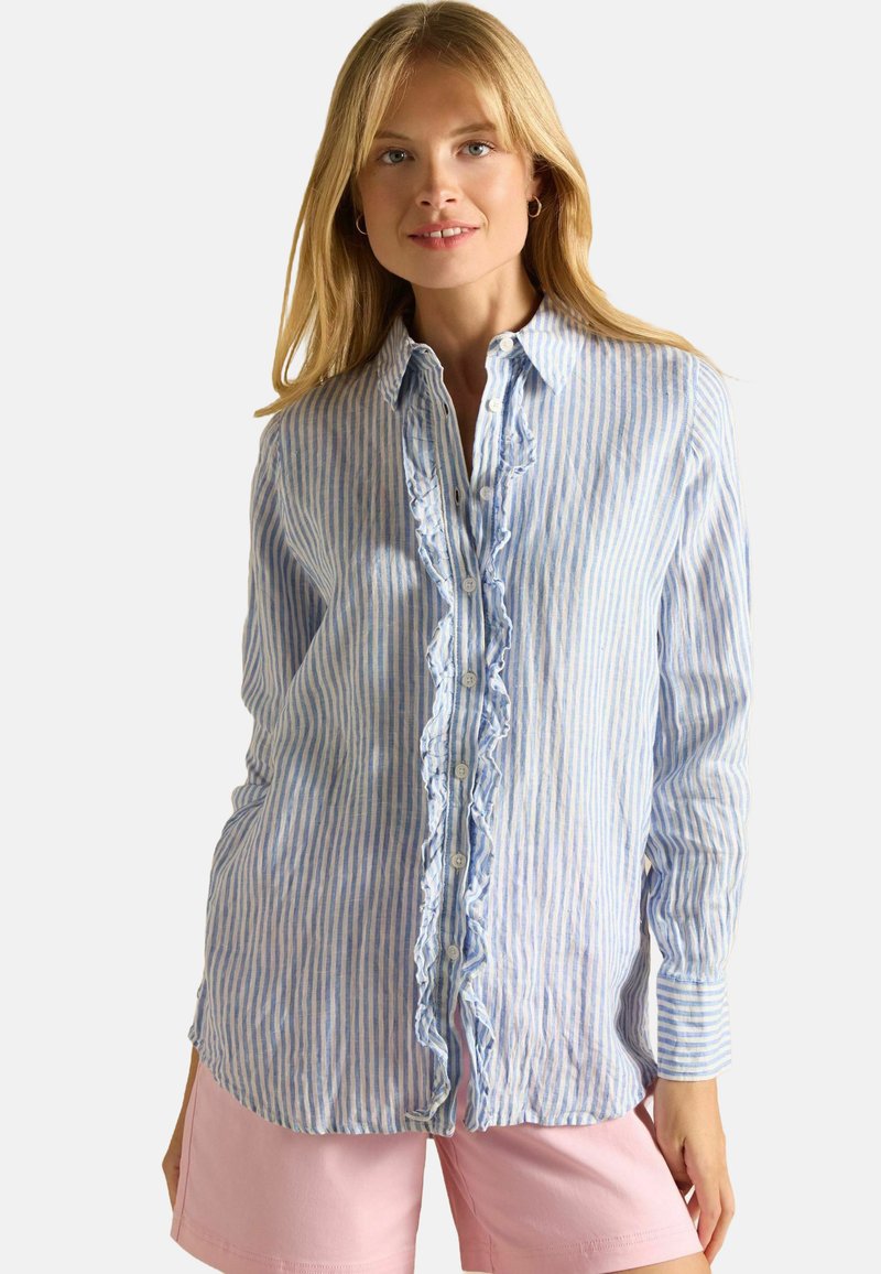 Sinine ja valge triibuline nööbitav särk rüüpa ja mansettide volangidega, kergest kangast, koos roosa lühikeste pükstega.