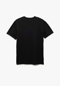 Czarny bawełniany t-shirt z krótkim rękawem, okrągłym dekoltem i prostym, nieozdobionym wzorem, bez widocznych deseni czy akcentów.