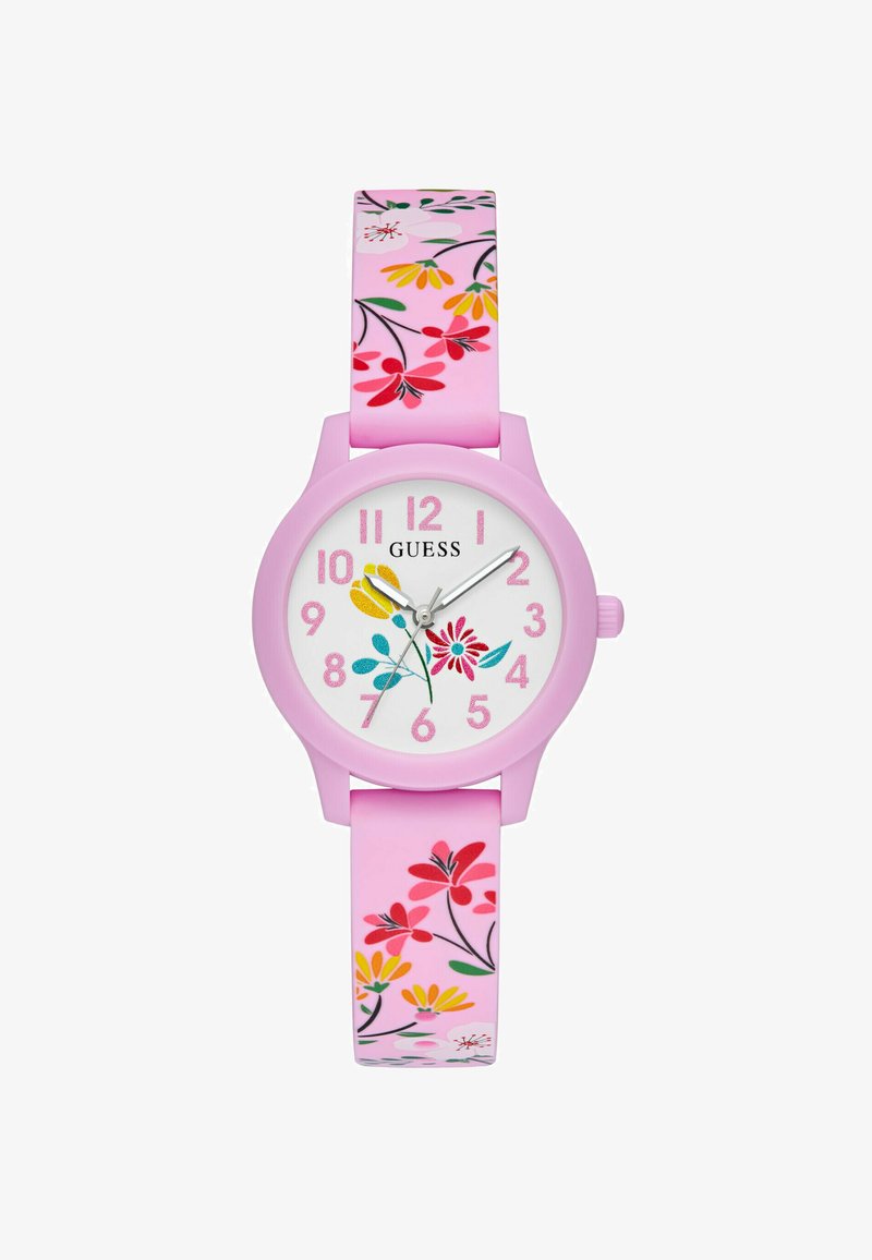 Rozā ziedu pulkstenis ar baltu seju, krāsainiem ziediem siksniņā un lieliem cipariem ērtai lasīšanai. Stilīgs un izsmalcināts dizains.