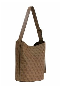 Sac seau à motifs marron avec un dessus incurvé, une sangle ajustable et des accents en métal doré. Fabriqué en matériau texturé avec une finition lisse.