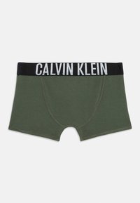 Boxer da uomo di colore verde scuro con vita nera e testo bianco "CALVIN KLEIN". Tessuto liscio e dettagli cuciti in tutto il capo.