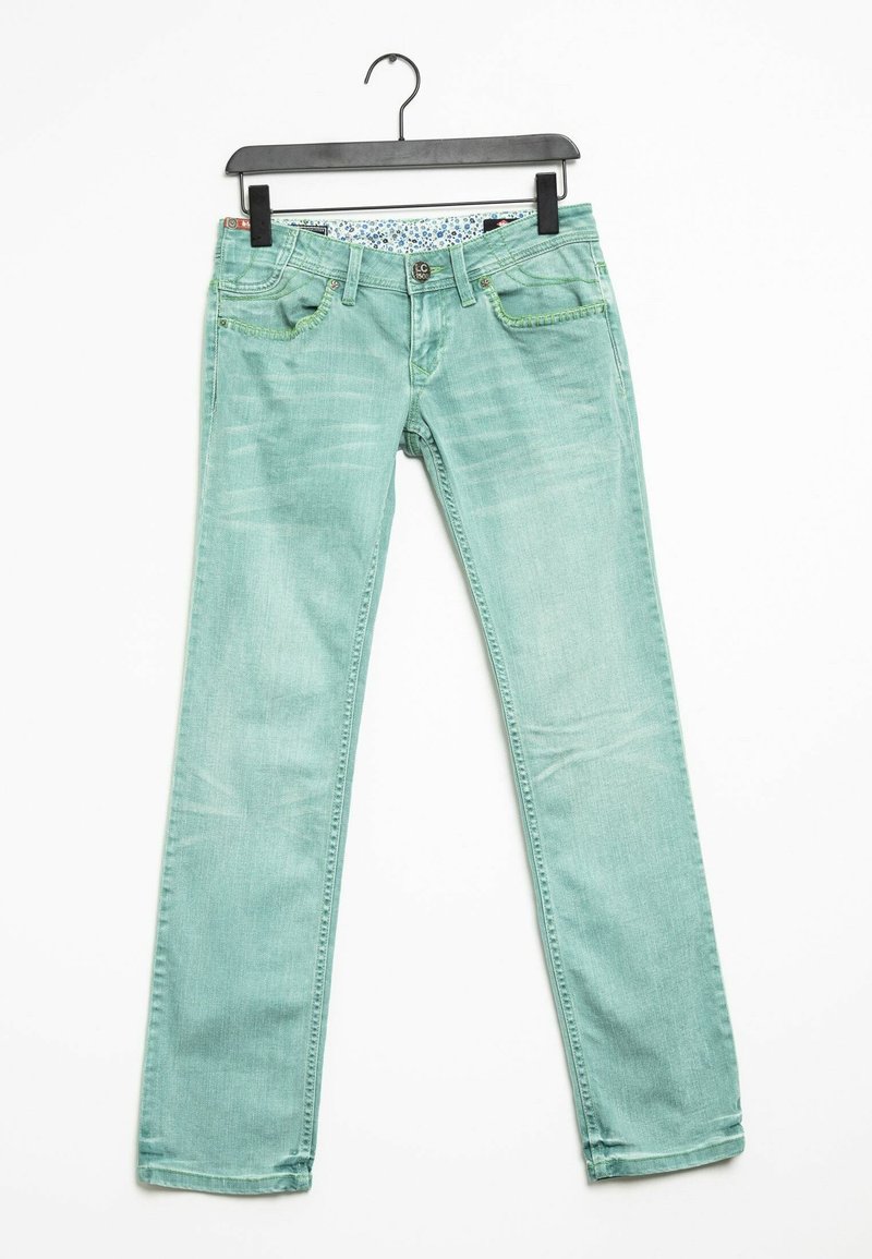 Jeans verde menta con corte recto, que cuentan con bolsillos delanteros y costuras a contraste. La cinturilla tiene un forro con un patrón floral.