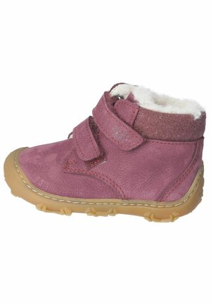 Rosa Lederknöchelstiefel mit zwei Klettverschlüssen, einem weichen weißen Futter und einer flexiblen Gummisohle mit rutschfesten Mustern.